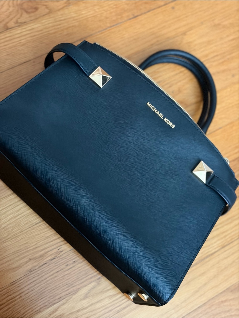 Michael Kors Black Leather Structured Satchel with Gold Studs